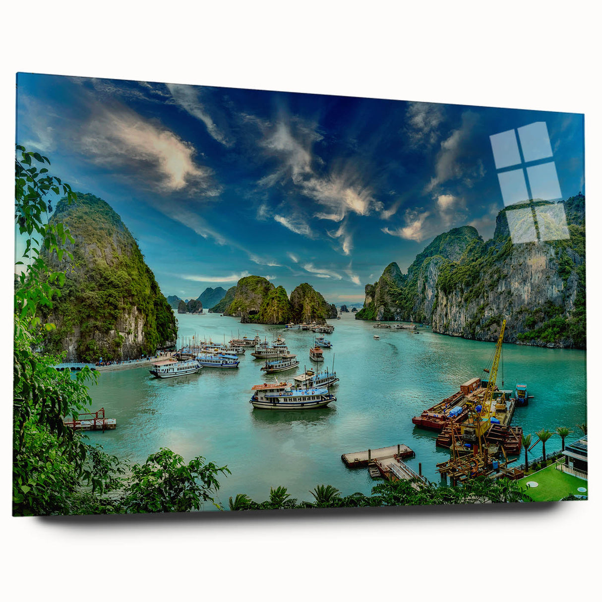 Large abstract depiction of a Vietnamese landscape in muted earth tones on acrylic glass.