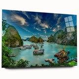 Large abstract depiction of a Vietnamese landscape in muted earth tones on acrylic glass.