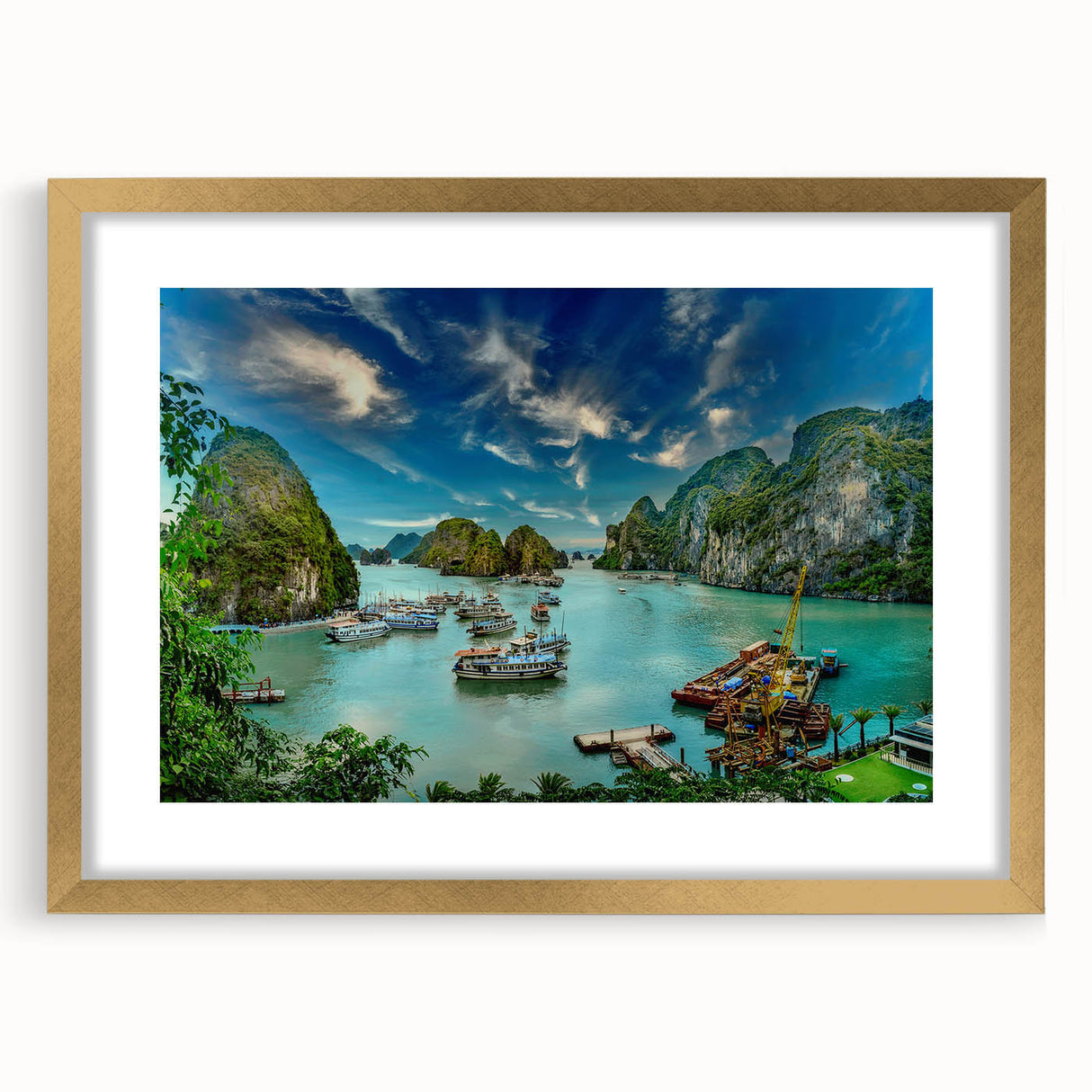 Extra large abstract art print depicting a textured Vietnamese landscape in muted gold tones.
