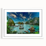 Abstract art print of a Vietnamese landscape in muted green and blue tones on a framed white mat.