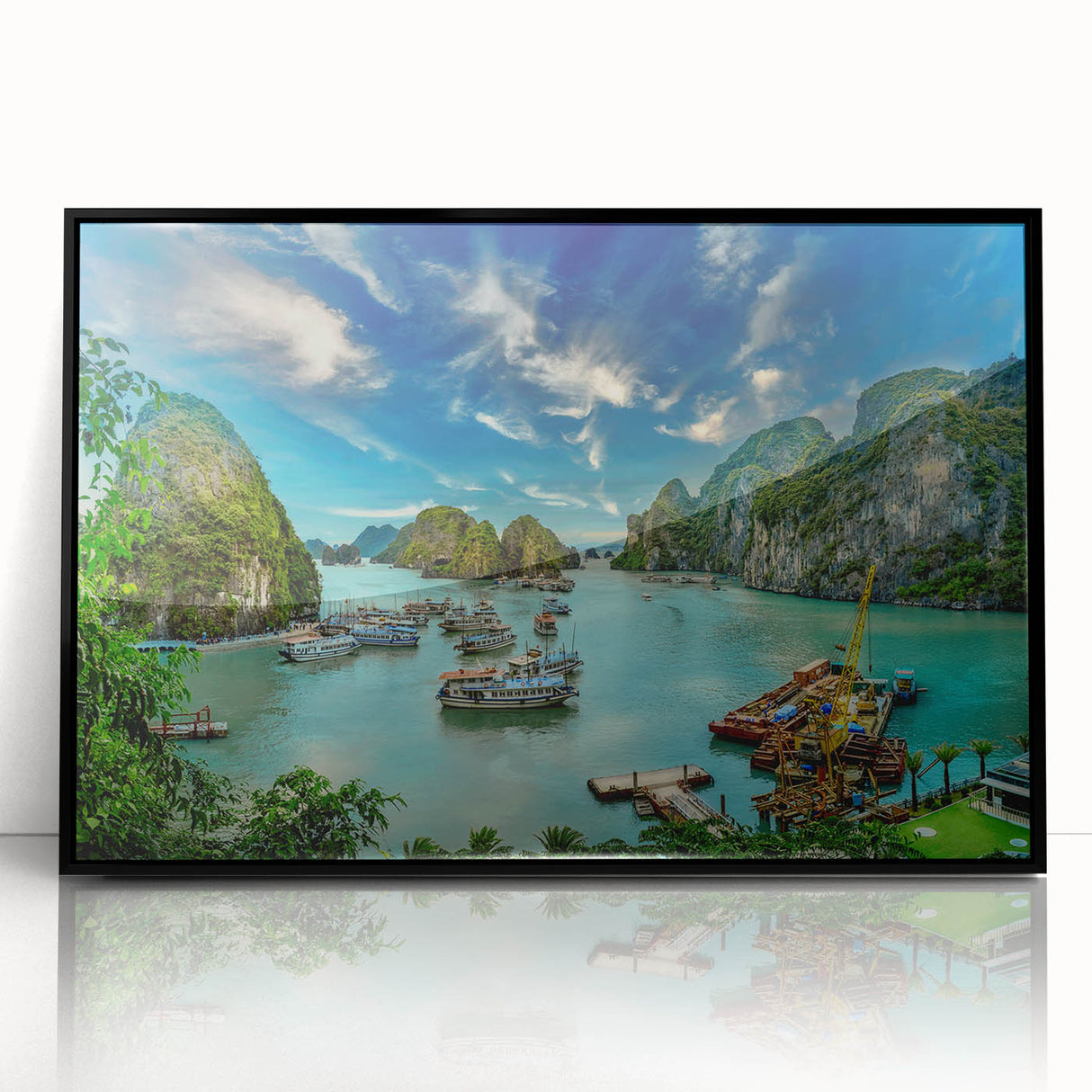 Large abstract wall art featuring a Vietnam scenery in black and white tones on a framed acrylic.