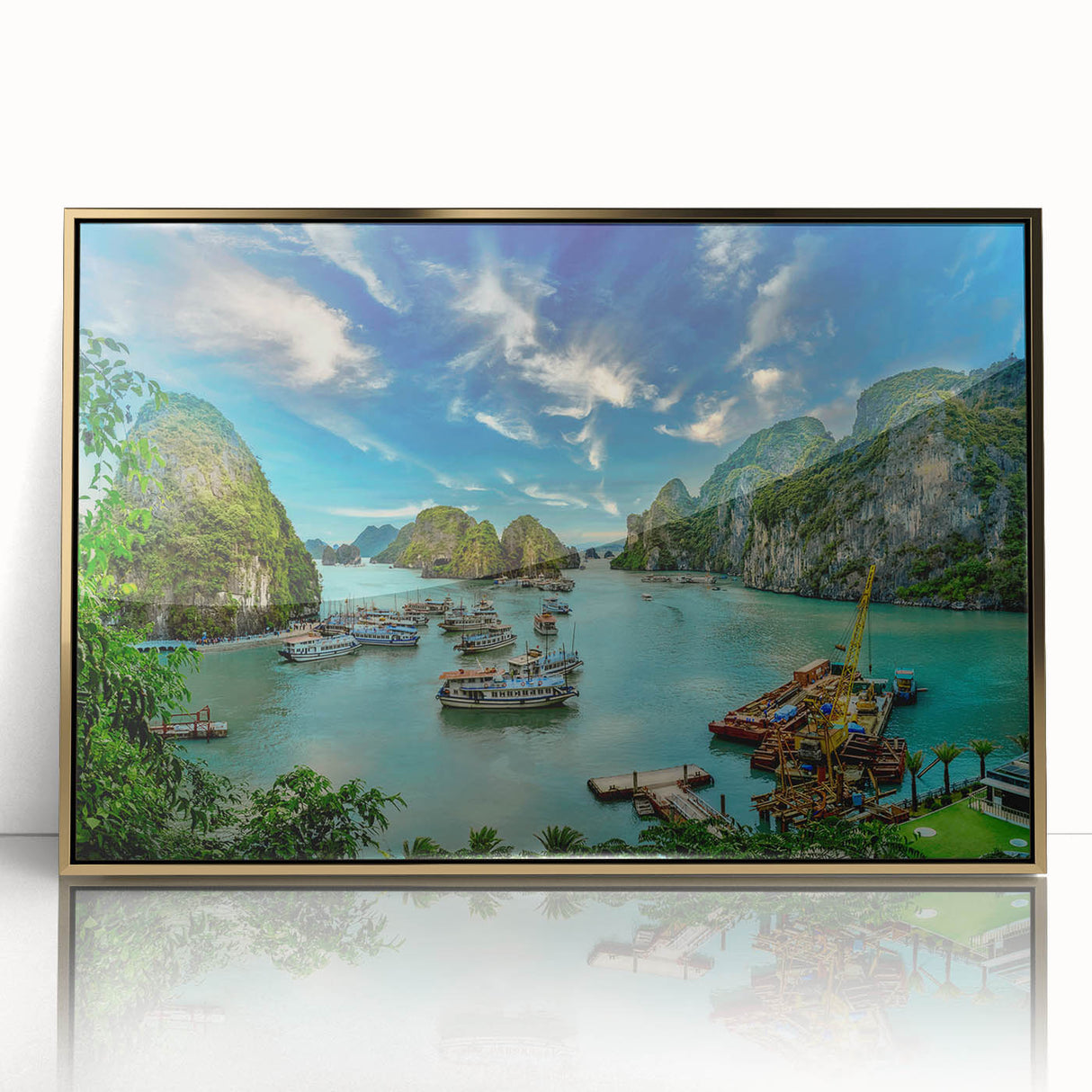 Large art print of a Vietnamese landscape in muted earth tones on framed acrylic, ideal for modern art wall decor.
