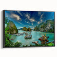 Black and white landscape art painting of a Vietnamese scenery on framed canvas, ideal for bedroom wall decor.