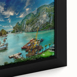 Framed canvas featuring a textured, colorful depiction of a Vietnamese landscape in black with vibrant details.
