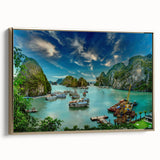 Framed canvas depicting a vintage-style Vietnamese landscape in muted gold and black tones, ideal for bedroom wall art.