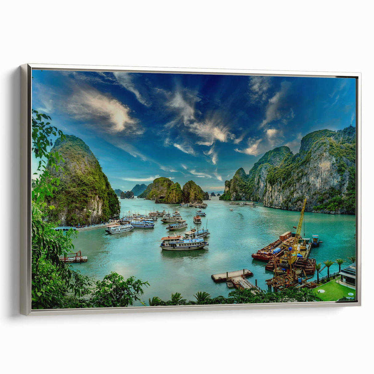 Framed canvas depicting a vintage-style Vietnamese landscape in colorful art tones.