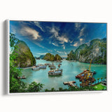 Vintage poster art of a scenic Vietnamese landscape on a framed canvas, featuring a palette of vibrant greens and blues.