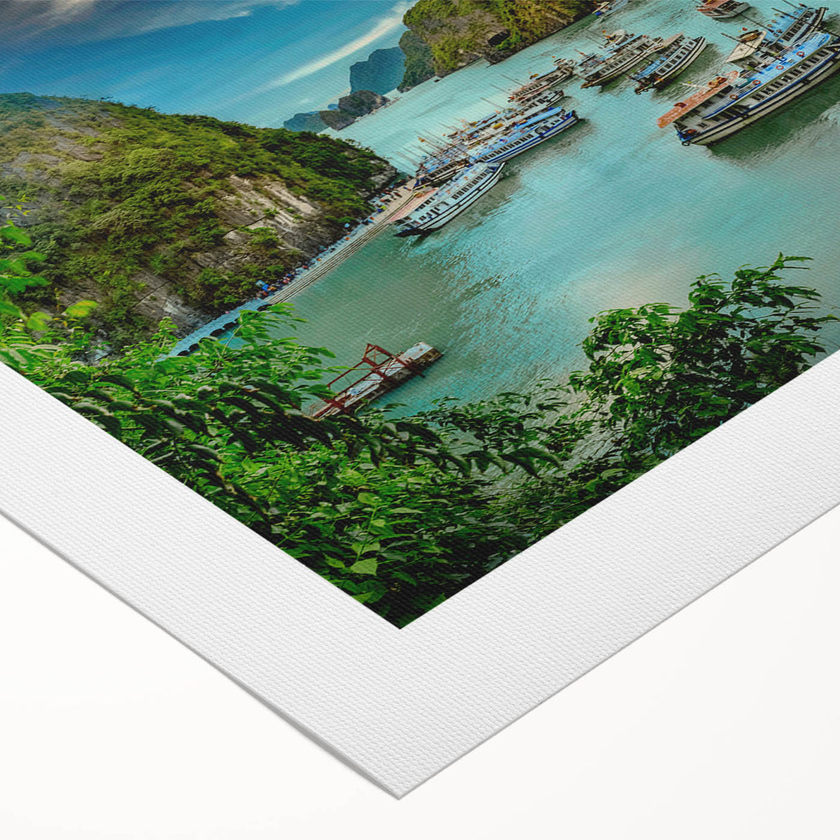 Art deco poster of a Vietnamese landscape on rolled canvas, featuring muted earth tones, ideal for dining room decor.