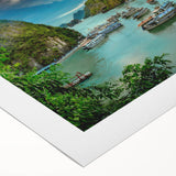 Art deco poster of a Vietnamese landscape on rolled canvas, featuring muted earth tones, ideal for dining room decor.