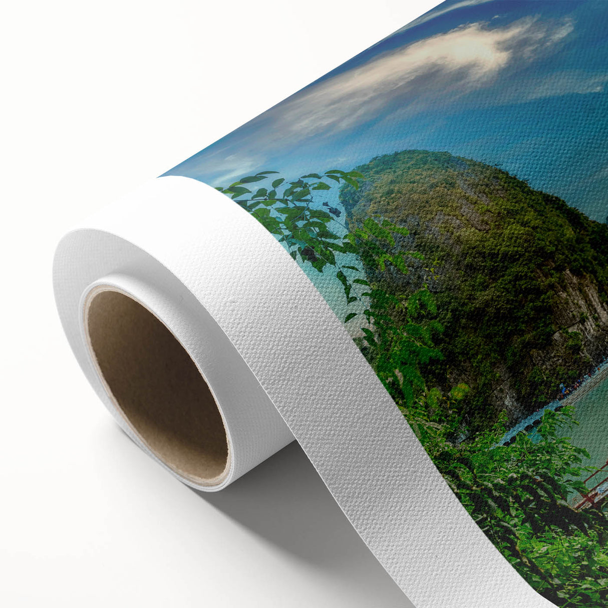 Art deco poster of a Vietnamese landscape in muted green and brown tones on rolled canvas, ideal for nursery wall art.