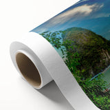 Art deco poster of a Vietnamese landscape in muted green and brown tones on rolled canvas, ideal for nursery wall art.