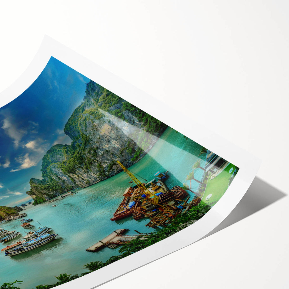 Extra large wall art featuring line art flowers and Vietnamese scenery in muted earth tones on a rolled print.