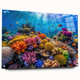 Acrylic print of the Great Barrier Reef in vivid blue and green tones, ideal for dining room decor.