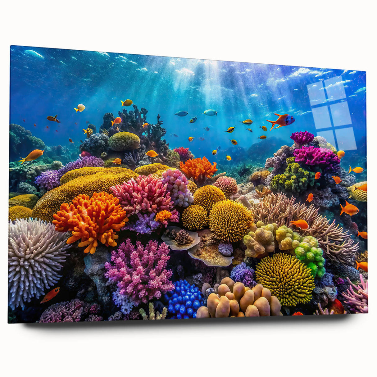 Acrylic print of the Great Barrier Reef with vivid blue and green tones, suitable for bedroom or dining room art.