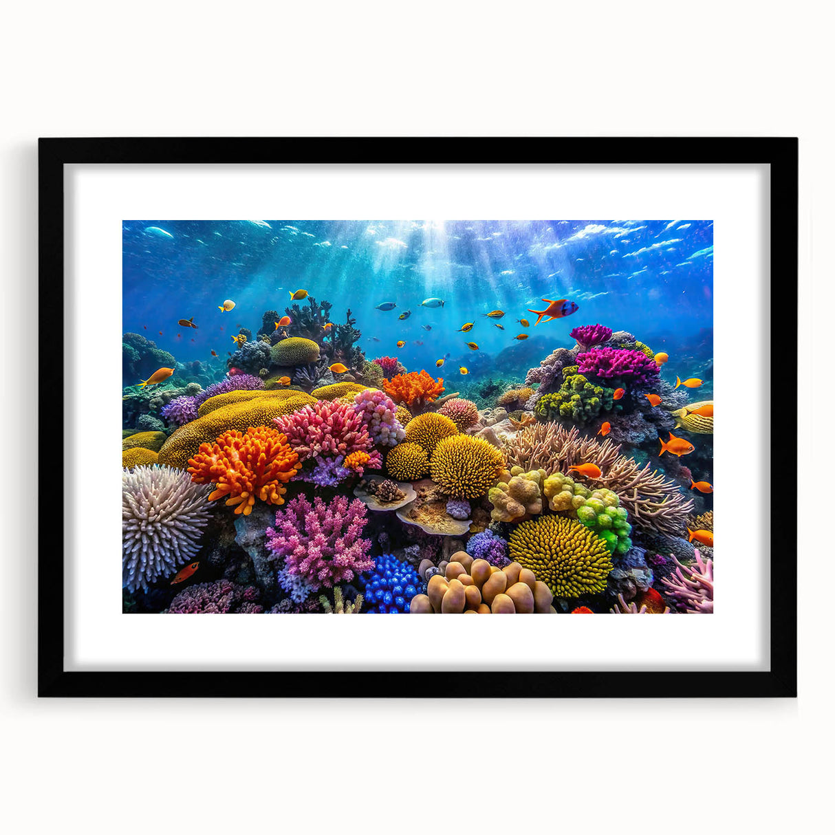 Abstract art print of the Great Barrier Reef in vibrant blue and green hues on a large textured canvas.