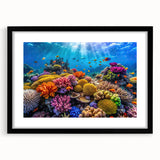 Abstract art print of the Great Barrier Reef in vibrant blue and green hues on a large textured canvas.