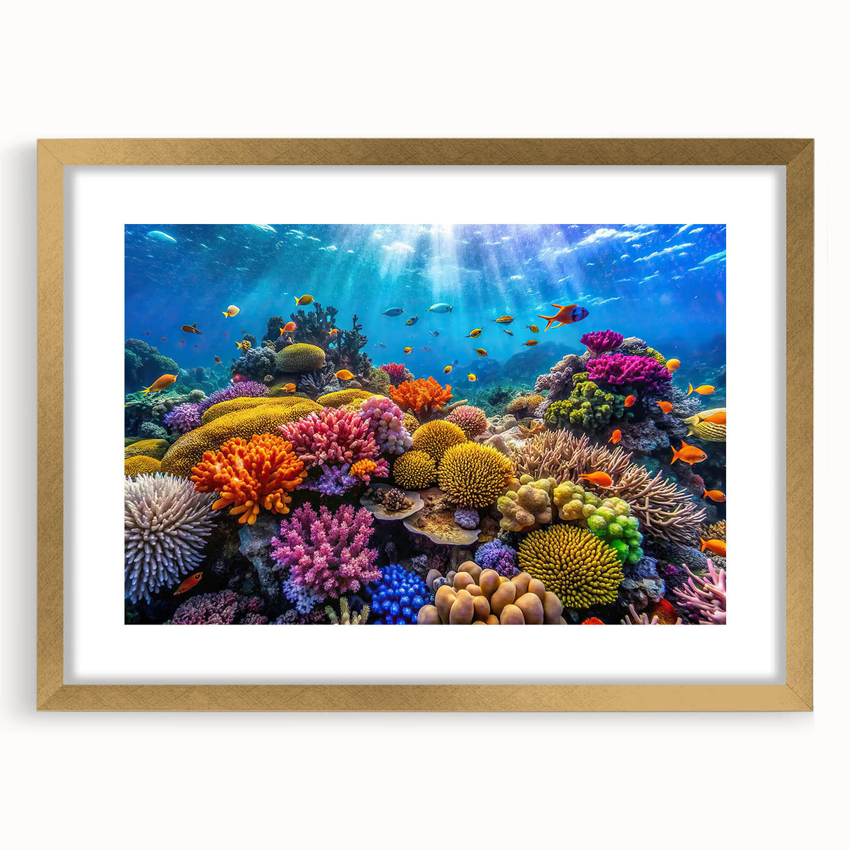 Textured abstract art print depicting the Great Barrier Reef in vibrant blue and green tones on a framed gold mat.