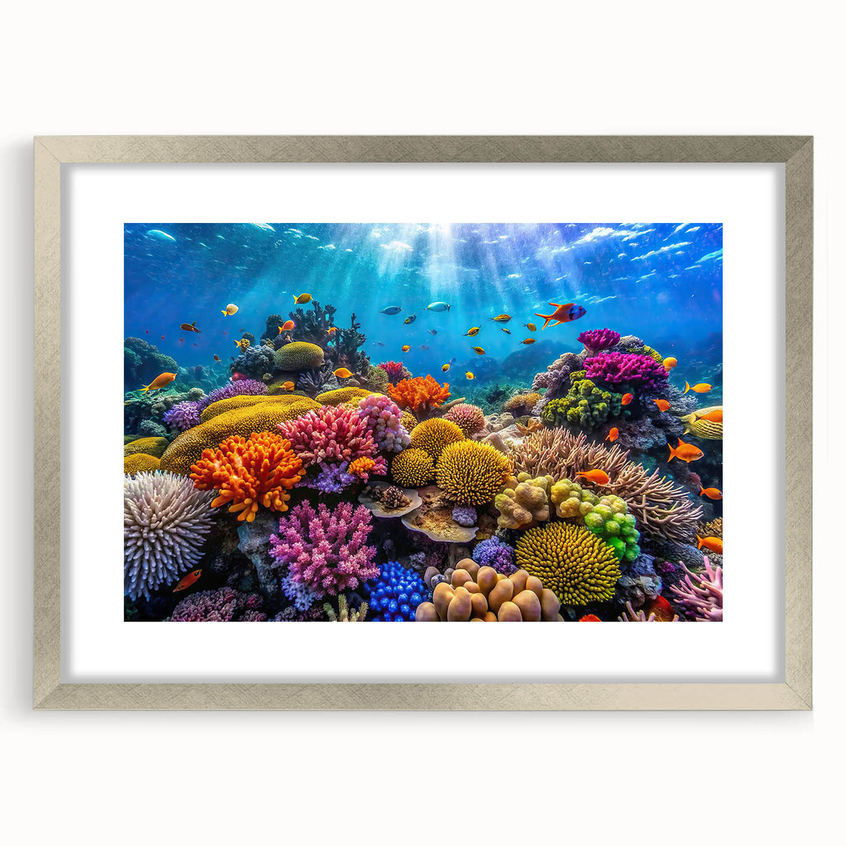 Abstract art print of the Great Barrier Reef in pastel blue and green tones, framed in silver, ideal for dining room decor.