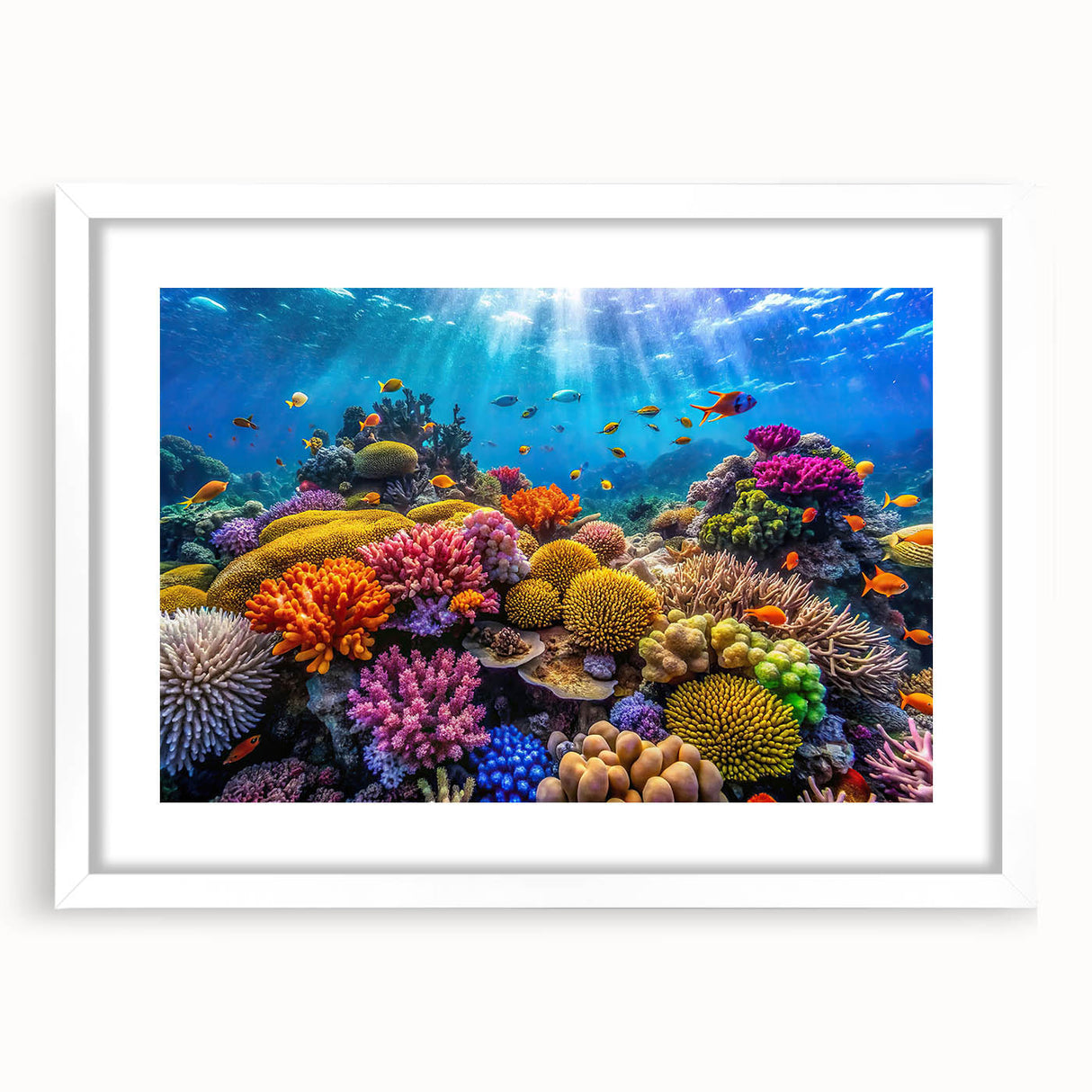 Extra large framed abstract print of the Great Barrier Reef in vibrant blue and green tones, ideal for living room decor.