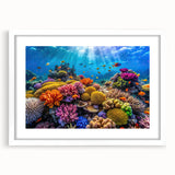 Extra large framed abstract print of the Great Barrier Reef in vibrant blue and green tones, ideal for living room decor.