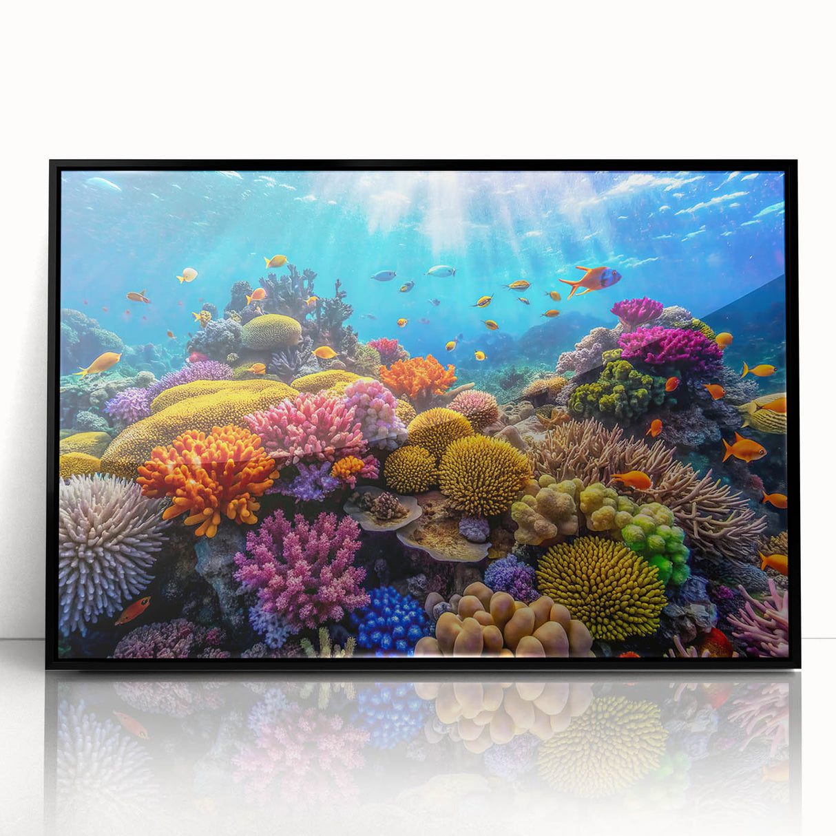 Large abstract wall art depicting the Great Barrier Reef in vibrant blue and green tones on a black framed acrylic.