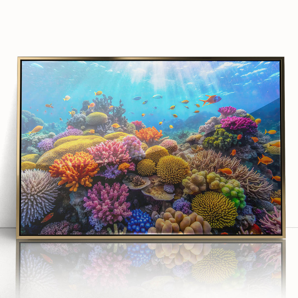Mid-century modernist art of the Great Barrier Reef in vibrant blues and greens on a framed acrylic.
