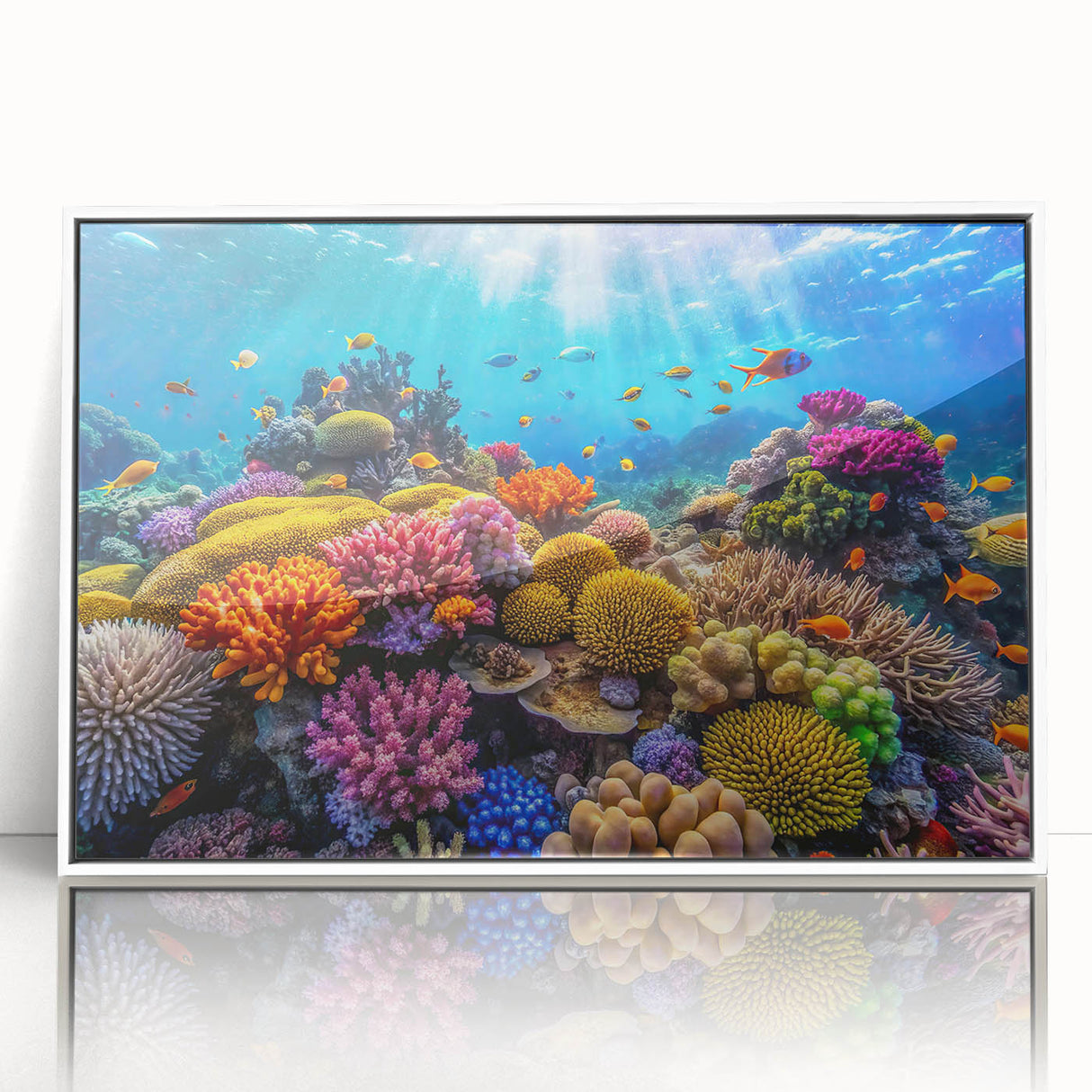 Framed acrylic print of the Great Barrier Reef in vibrant blue and green tones, ideal for modern art wall decor.