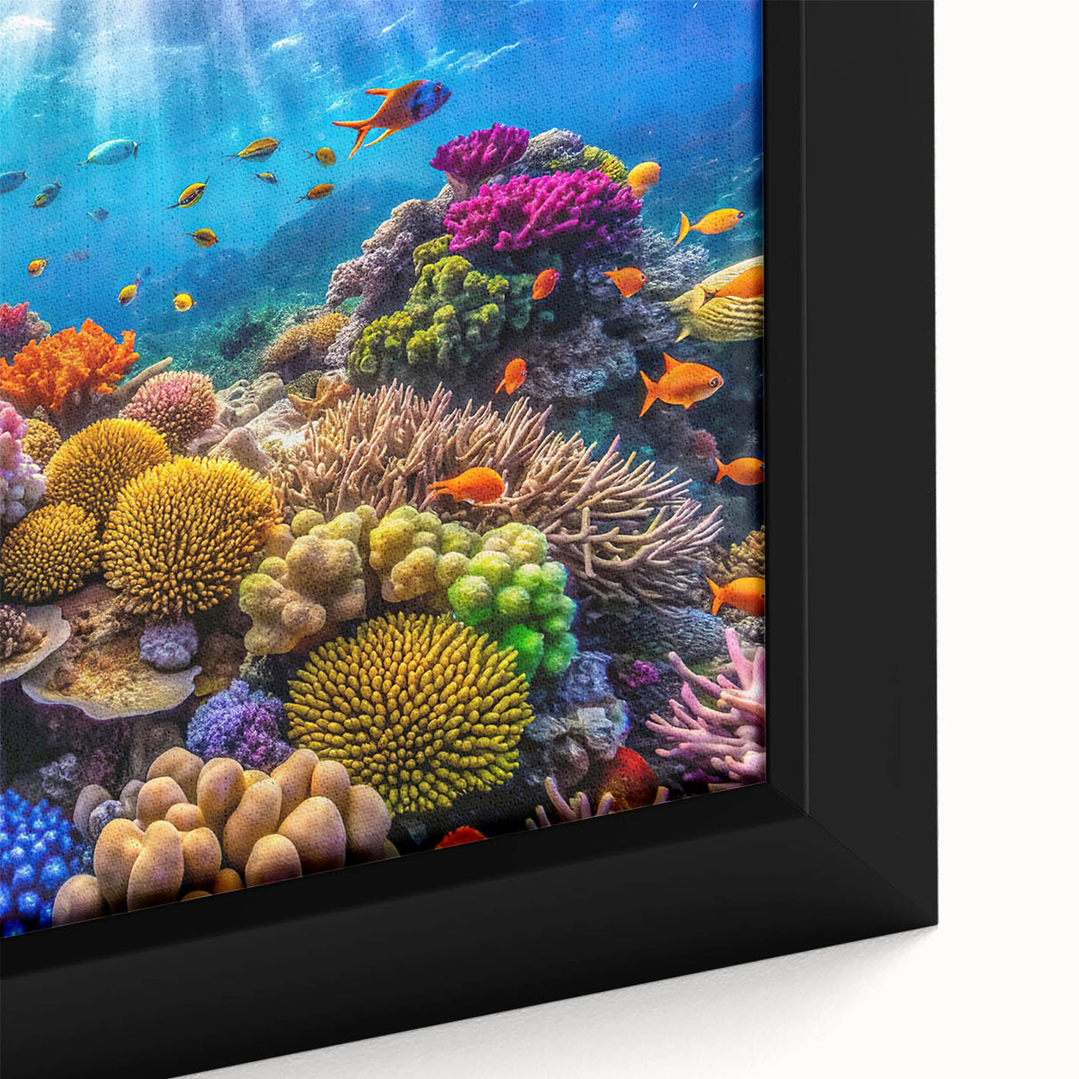 Close-up of a framed canvas depicting the Great Barrier Reef in vibrant colors, ideal for living room decor.