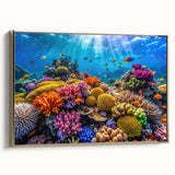 Framed canvas landscape art painting depicting the Great Barrier Reef in vibrant blues and greens.