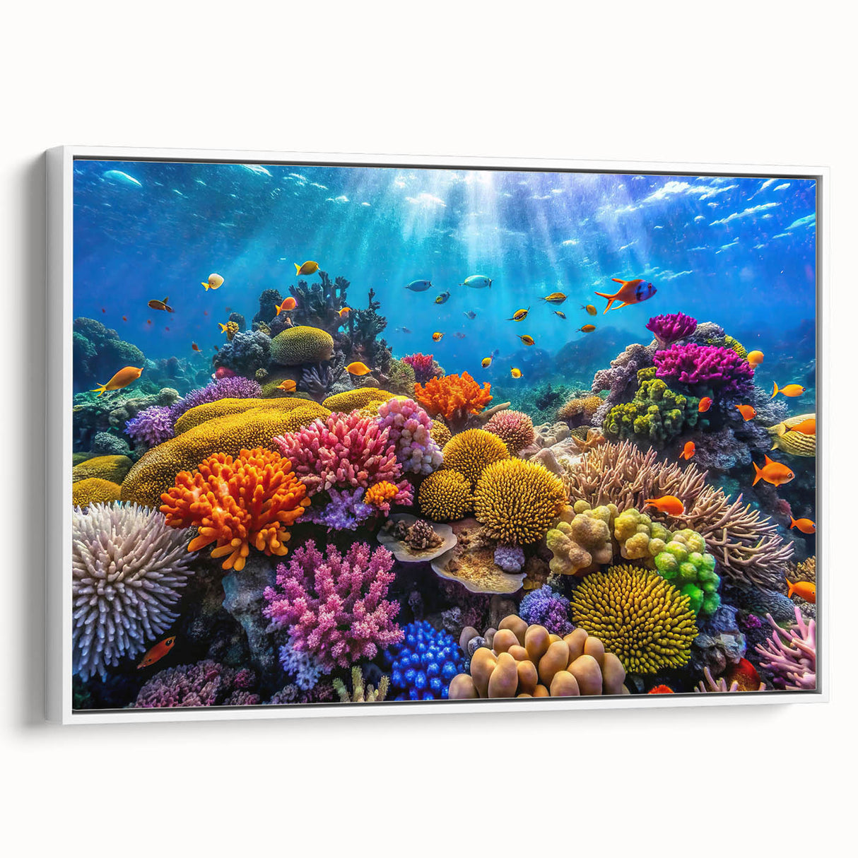 Framed canvas wall art featuring the Great Barrier Reef in muted blue and green tones, ideal for bedroom decor.