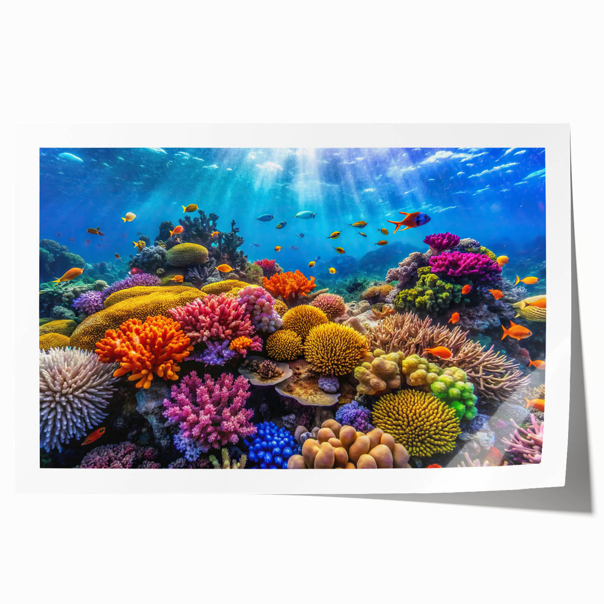 Extra large rolled print of the Great Barrier Reef in vibrant blue and green tones, ideal for art wall dining room.