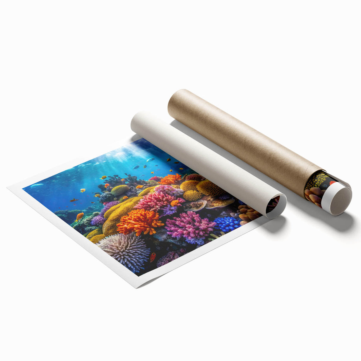 Extra large rolled print of the Great Barrier Reef with vivid blue and green tones, ideal for classy bathroom wall art.
