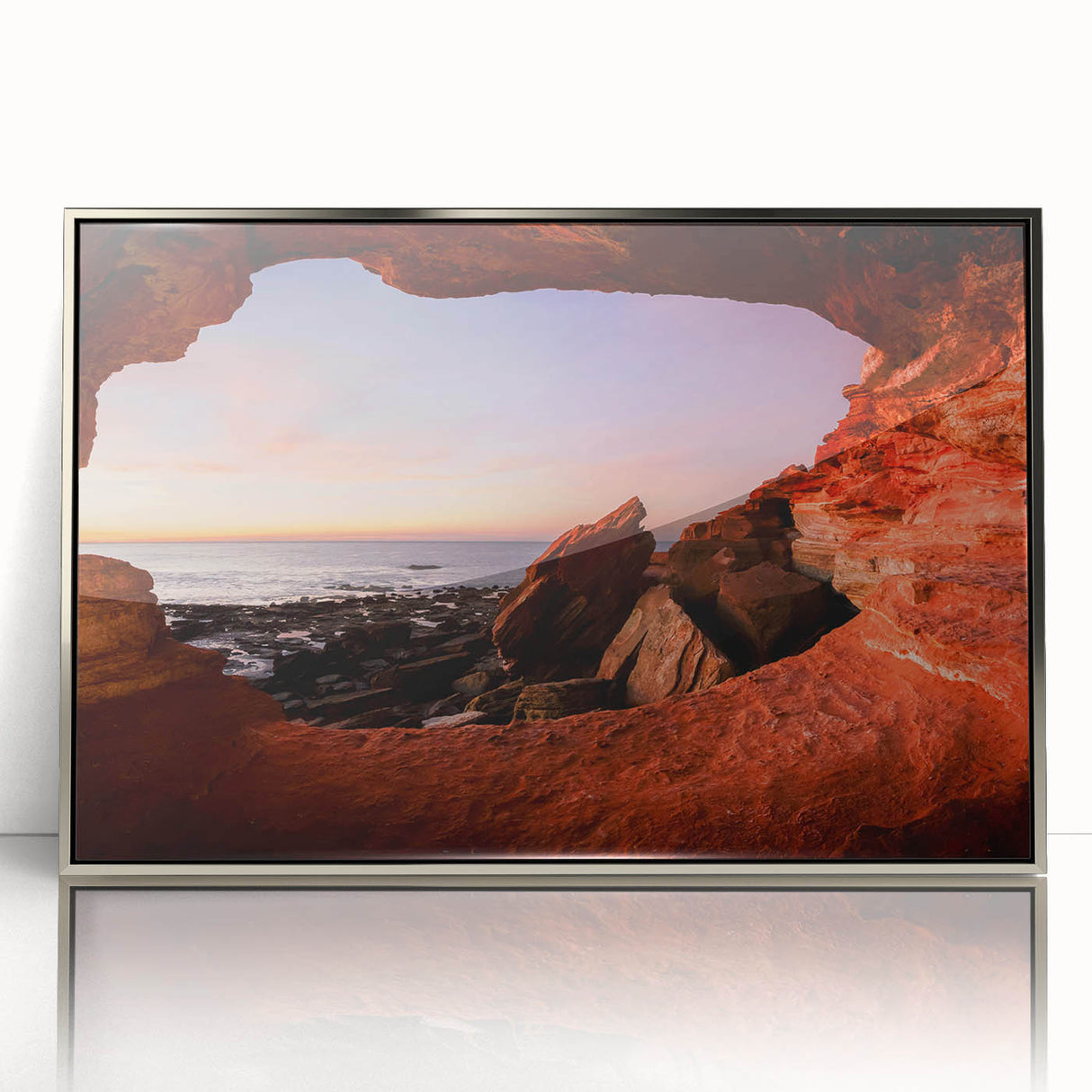 Art Deco style poster of Perth skyline in silver acrylic frame, suitable for modern art wall decor.