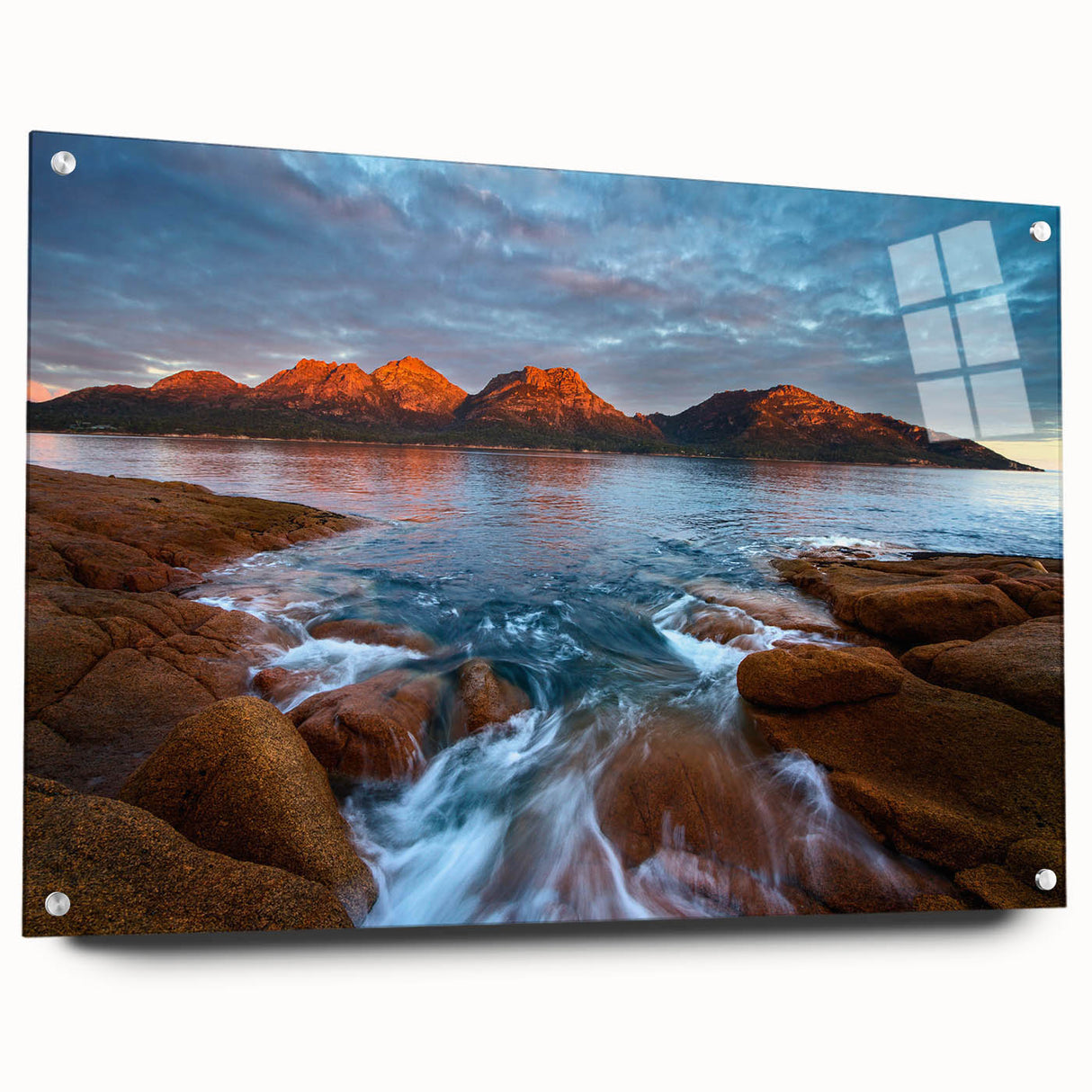 Acrylic print of a large abstract depiction of Tasmania scenery, in cool blue and green tones.