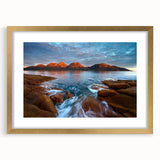 Abstract art print of Tasmania's landscape in muted earth tones on a framed canvas.