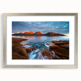 Extra large textured abstract art print depicting a serene Tasmanian landscape in muted earth tones, framed in silver.