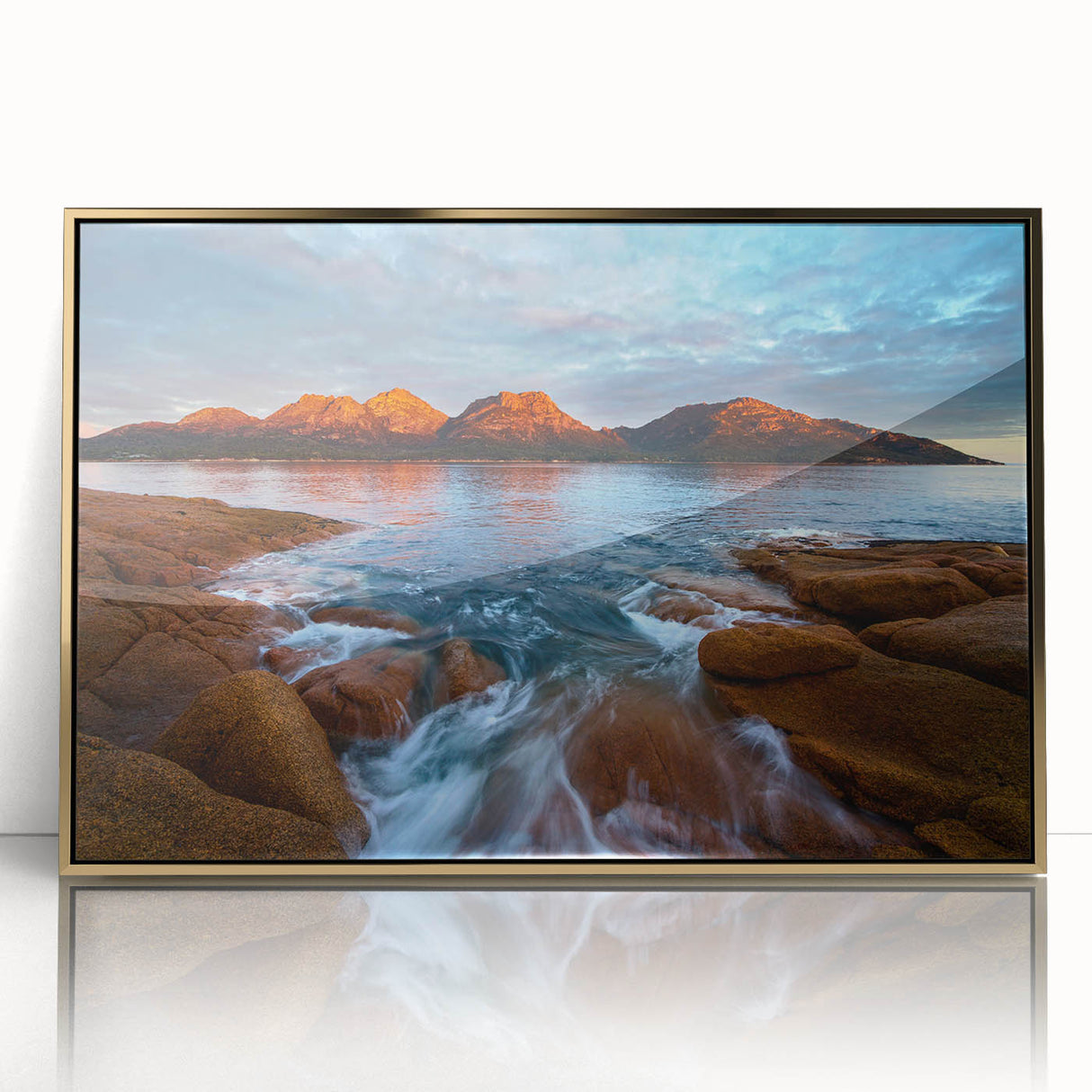 Mid-century modernist art depicting a Tasmanian landscape in acrylic, framed in gold, suitable for modern art wall decor.