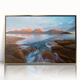 Mid-century modernist art depicting a Tasmanian landscape in acrylic, framed in gold, suitable for modern art wall decor.