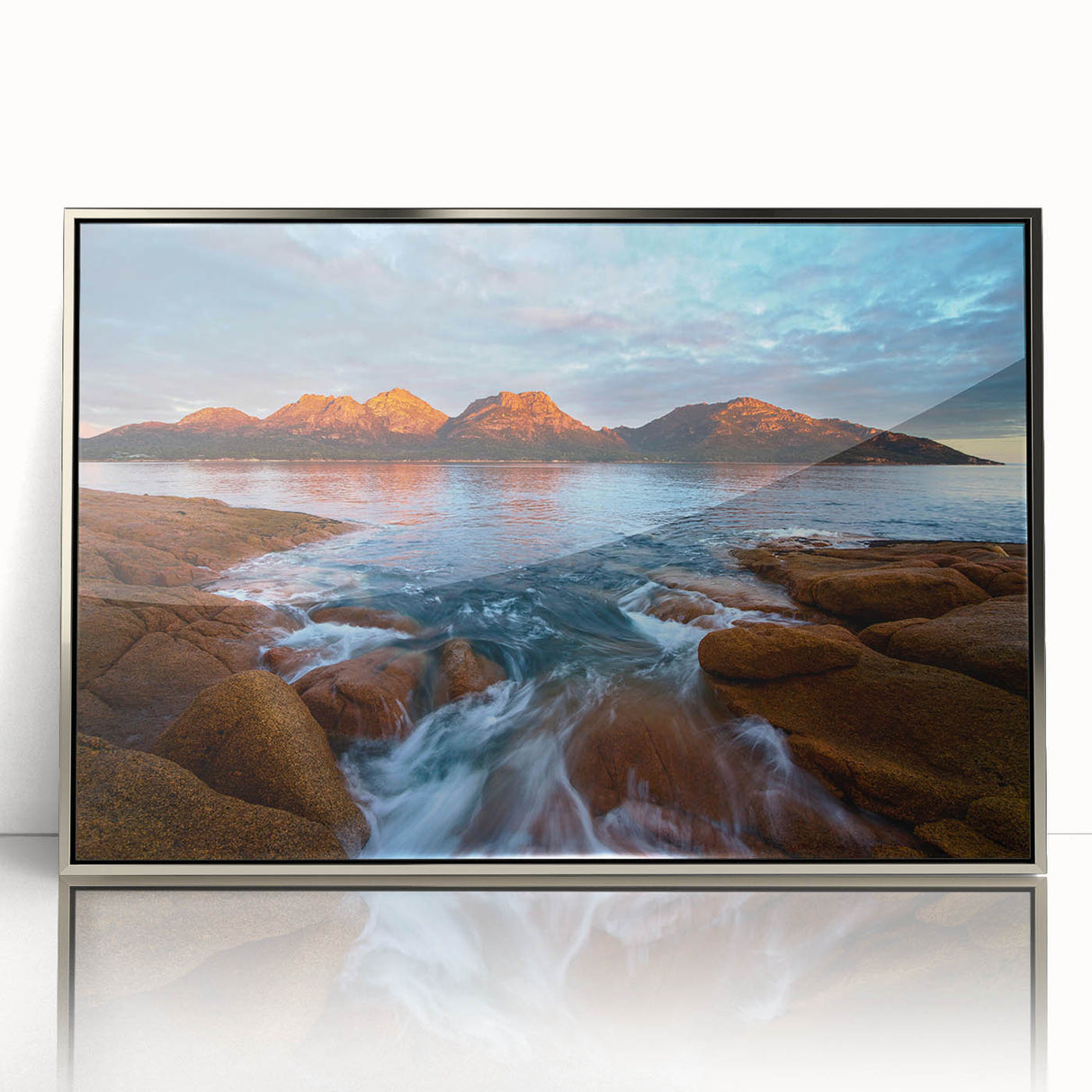 Acrylic print of Tasmania landscape in muted colors, framed in silver, suitable for modern art wall decor.