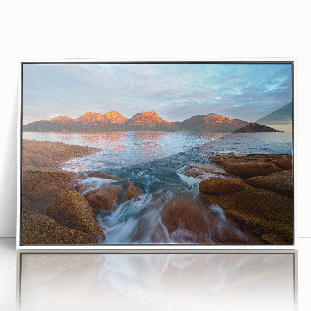 Framed acrylic print of Tasmania scenery in soft earth tones, suitable for modern art wall decor or nursery.