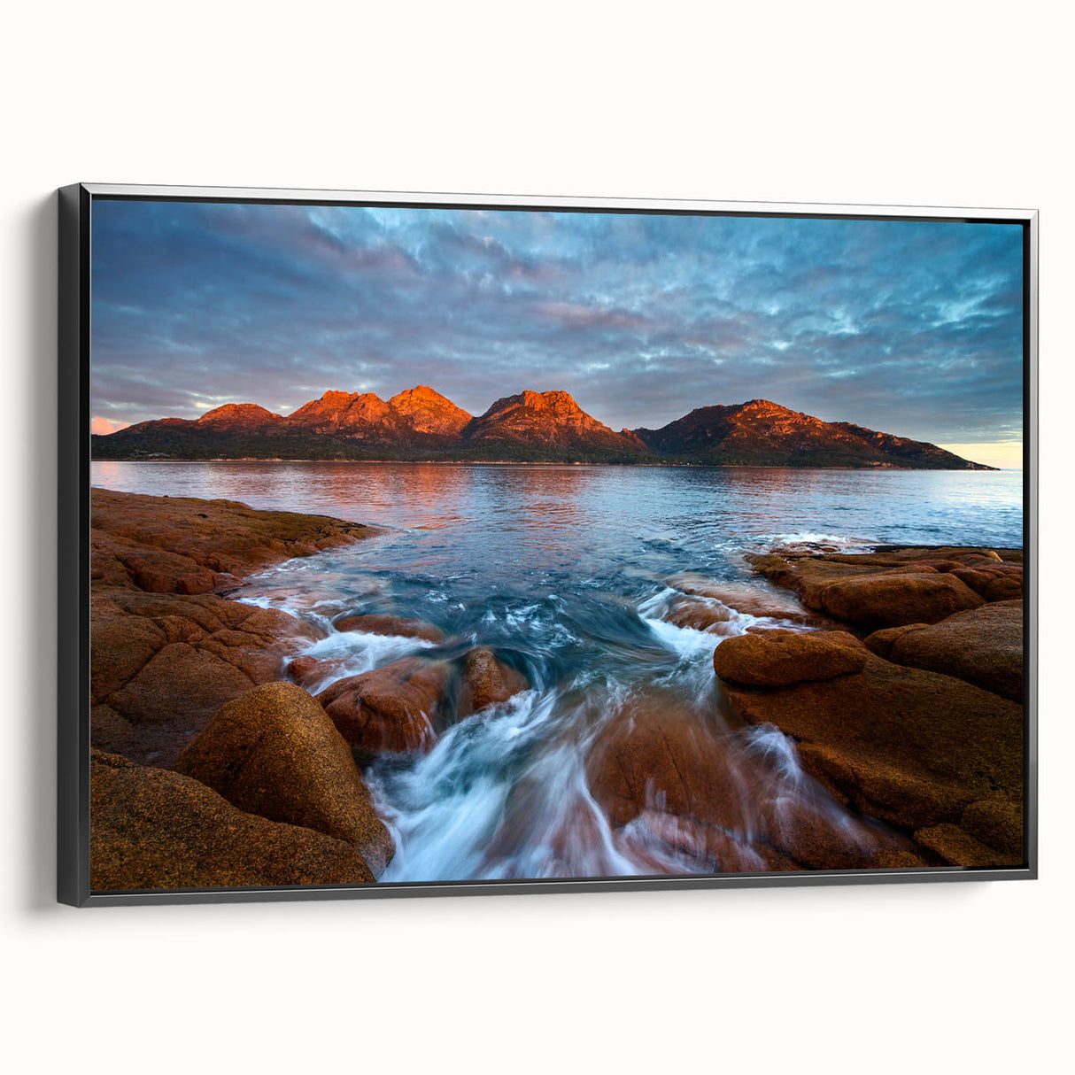 Black and white framed canvas of Tasmania landscape, ideal for bedroom wall art.