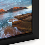 Extra large framed canvas featuring a textured depiction of a Tasmanian landscape in black with colorful art accents.
