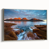 Framed canvas depicting a serene Tasmanian landscape in muted earth tones, ideal for bedroom wall art.