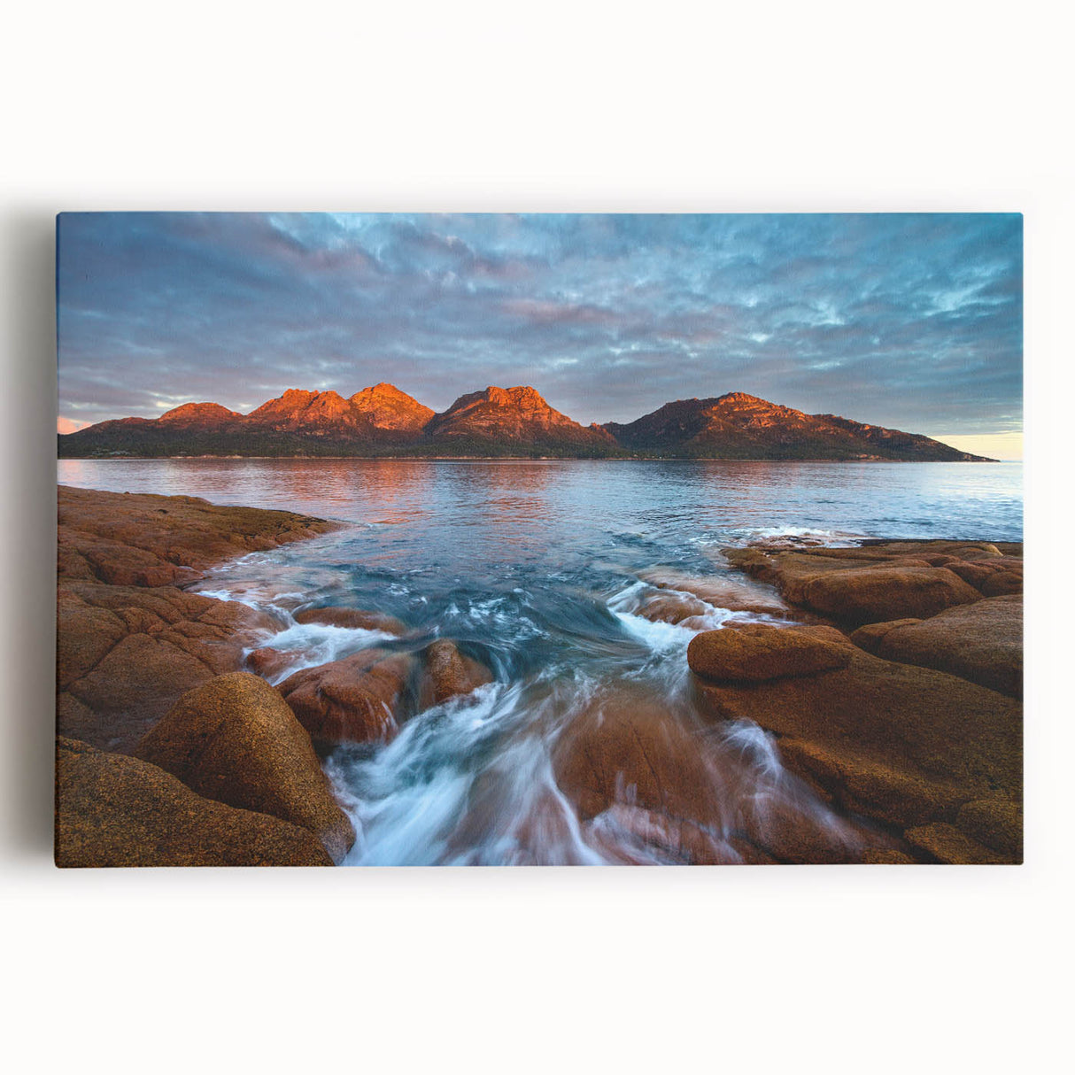 Black and white photograph of Tasmanian landscape on large stretched canvas, ideal for kitchen wall art.