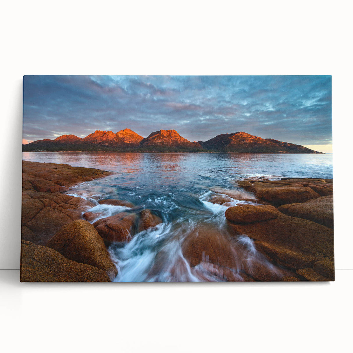 Black and white stretched canvas of a Tasmanian landscape, ideal for kitchen wall art or bedroom ambiance.