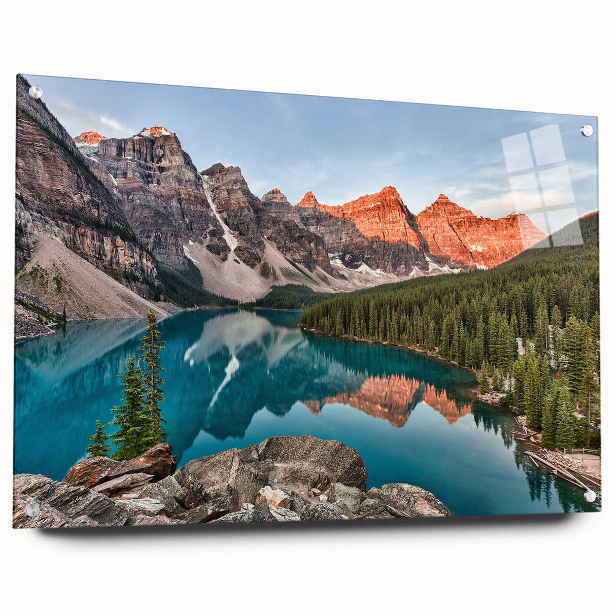 Acrylic print of Alberta, Canada scenery with vivid green and blue tones, ideal for dining room decor.