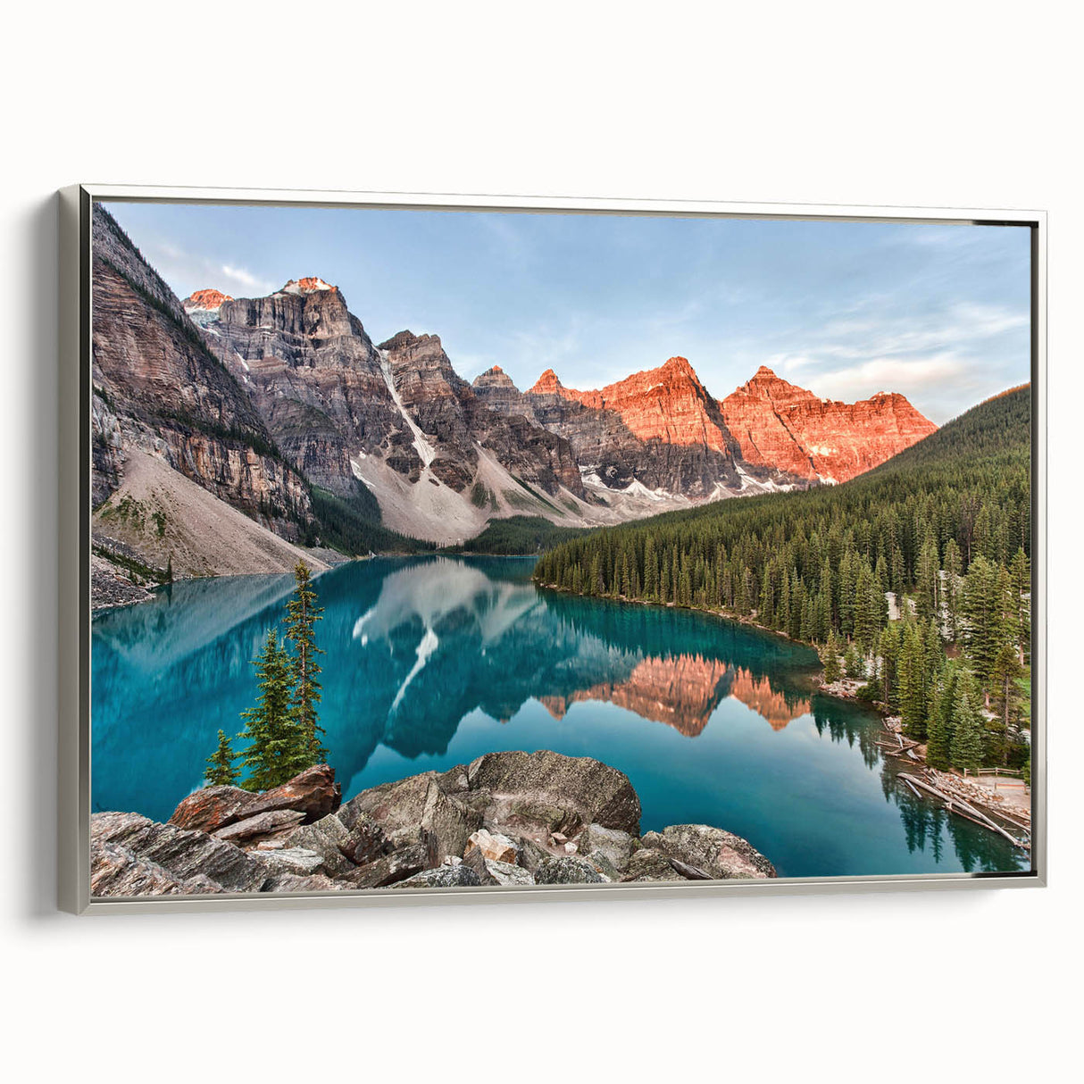 Framed canvas depicting a vintage-style landscape painting of Alberta, Canada, with colorful art on a black background.