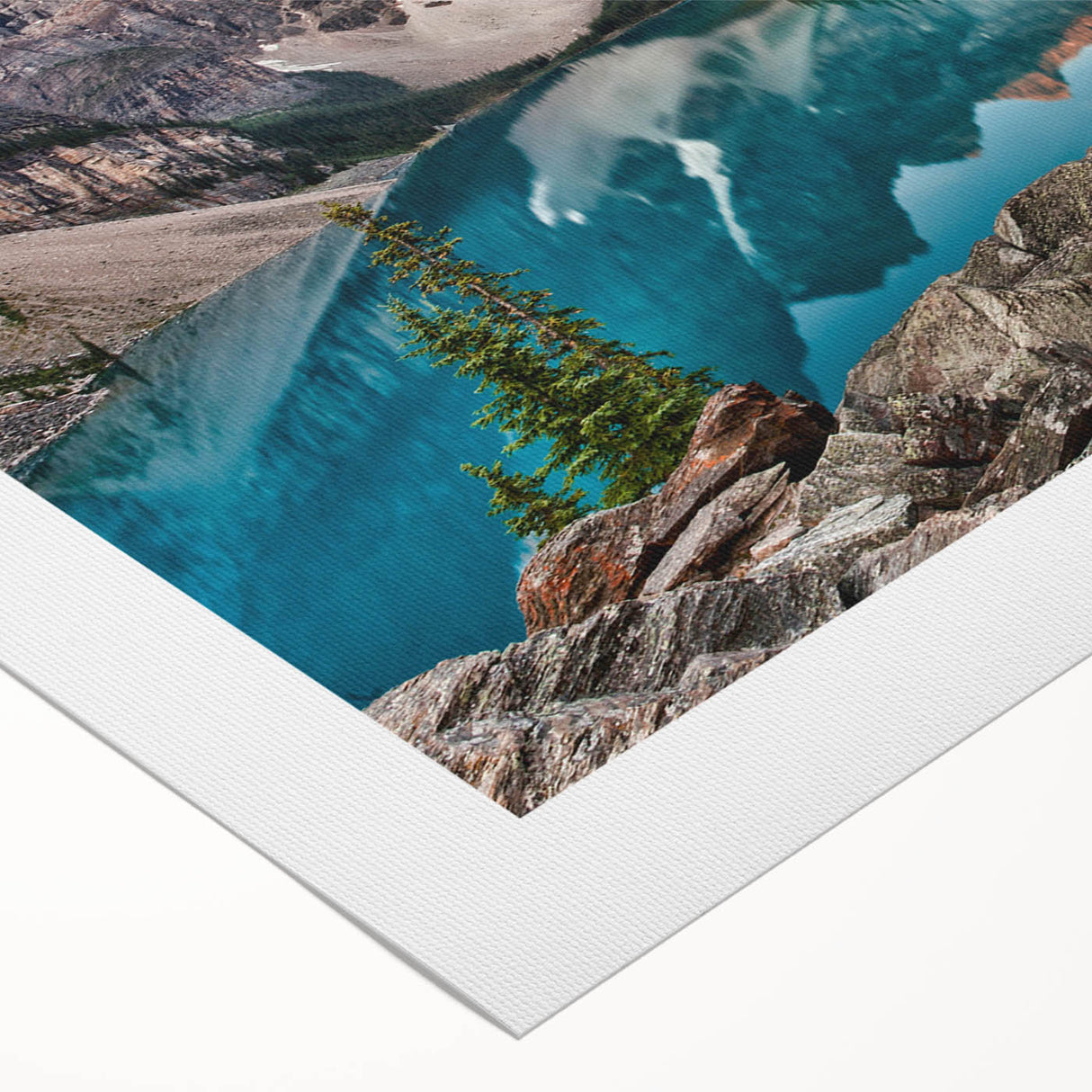 Art deco poster featuring a serene Alberta, Canada landscape in cool blue tones, printed on rolled canvas.
