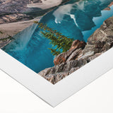 Art deco poster featuring a serene Alberta, Canada landscape in cool blue tones, printed on rolled canvas.