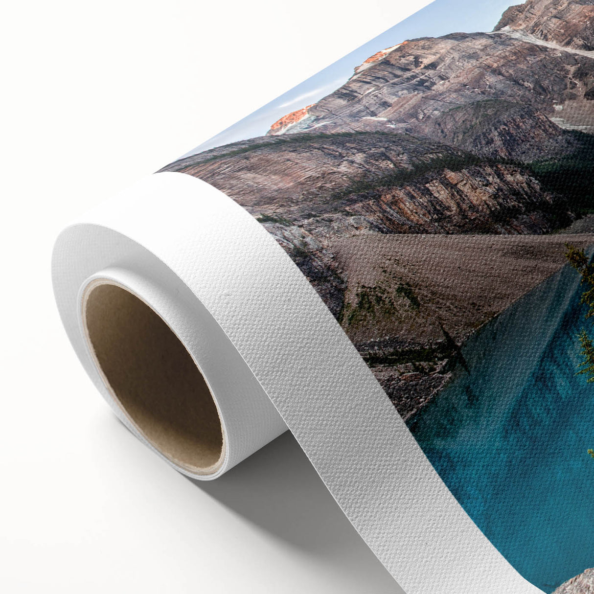Art deco poster of Alberta, Canada scenery on rolled canvas, featuring muted earth tones, ideal for nursery wall art.